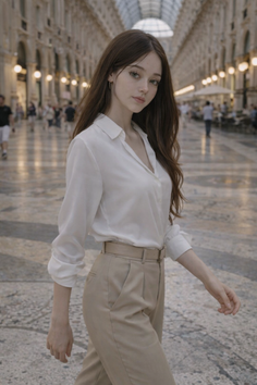 Woman with long brown hair in a white shirt and khaki pants walking indoors