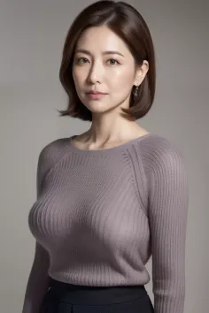 Woman with short brown hair wearing a long sleeve shirt and earrings