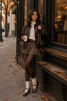 Woman in a plaid skirt and leather jacket holding a coffee cup on a street