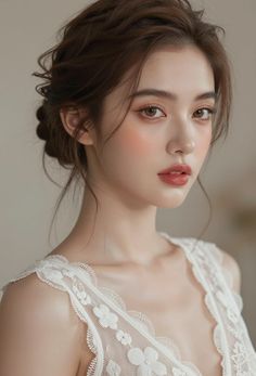 Woman with brown hair in an updo wearing a white lace top