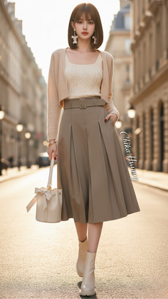 Woman in a pleated skirt and cardigan walking on a sunlit street