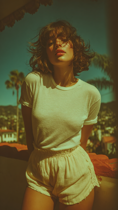 Woman with short curly hair in a white t-shirt and shorts outdoors