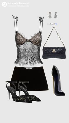 Fashion flat lay featuring a black lace camisole, skirt, and accessories
