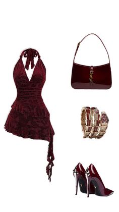Red velvet dress with matching high heels, shoulder bag, and jewelry