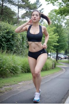 Woman in a black sports bra and shorts running outdoors