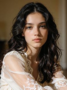 Woman with long wavy dark hair wearing a lace dress with soft lighting