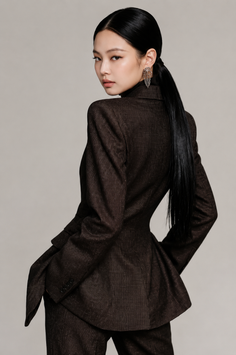 Woman in a dark suit with a ponytail looking over her shoulder