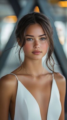 Woman with freckles and green eyes wearing a white deep V-neck top