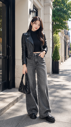 Woman in a black leather jacket and wide leg jeans standing on a street