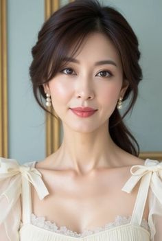 Woman with an updo hairstyle and pearl earrings wearing a dress with bow straps
