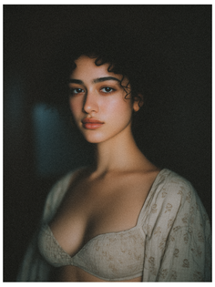 Woman with curly hair wearing a bra and open shirt in soft lighting