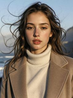 Woman with windblown hair wearing a turtleneck sweater and beige coat outdoors