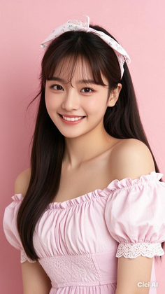 Smiling woman with long dark hair wearing a pink off-shoulder dress and headband