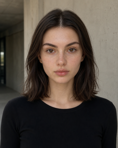 Woman with dark, short hair and freckles wearing a black shirt