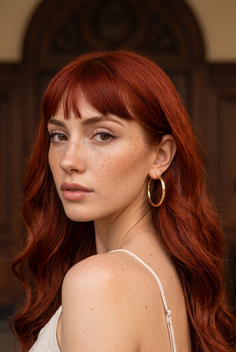 Woman with red hair and freckles wearing hoop earrings, looking over her shoulder