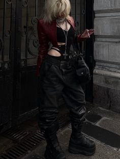 Woman with blonde hair in a red jacket and black bodysuit on a street