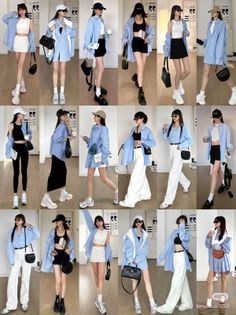 Multiple women showcasing various casual outfits with light blue shirts