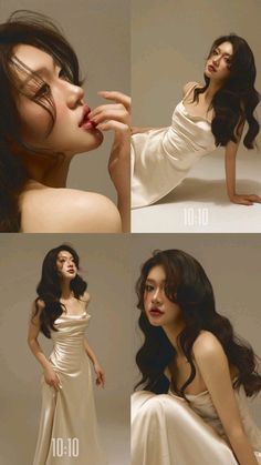 Woman with long dark hair in a satin dress posing in soft lighting