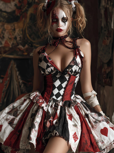 Woman with harlequin makeup and pigtails wearing a checkered dress with playing card print