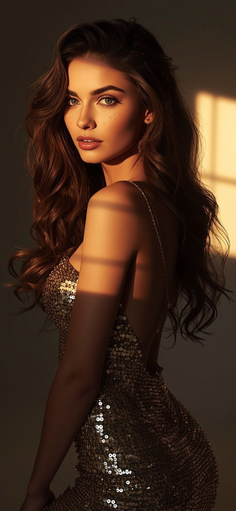 Woman in a sequin dress with long hair in golden hour lighting