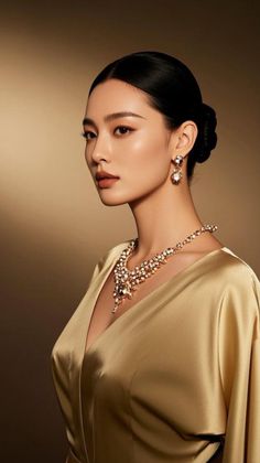 Woman in a gold dress with a deep V-neck and elaborate jewelry