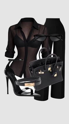 Black sheer shirt with a bra, high heels, pants, handbag, and sunglasses