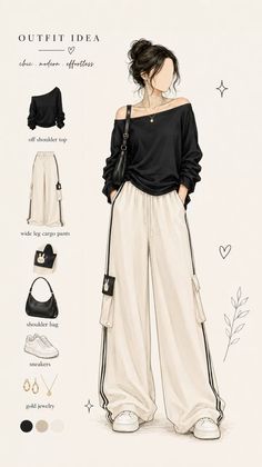 Illustration of a woman in a black off-shoulder top and white wide-leg cargo pants