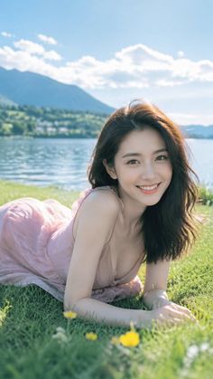 Woman in a pink dress lying on grass by a lake with mountains in the background