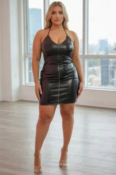 Woman in a black leather dress and high heels standing indoors