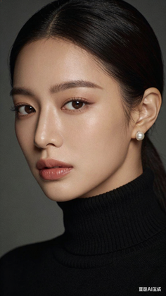 Woman in a black turtleneck with pearl earrings in a studio portrait