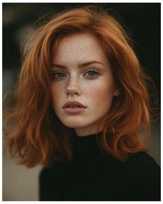 Woman with red hair and freckles wearing a black turtleneck