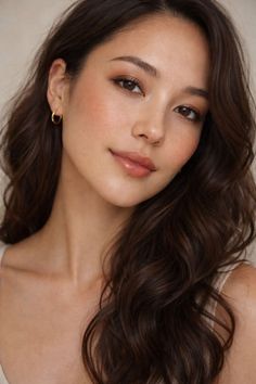 Woman with long wavy brown hair and natural makeup wearing gold hoop earrings