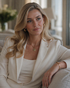 Woman with blonde hair wearing a white blazer and gold jewelry indoors