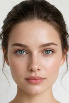 Close up portrait of a woman with blue eyes and brown hair in an updo