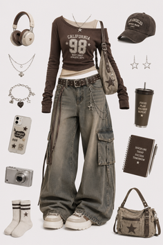 Flat lay of a streetwear outfit with cargo pants and a cropped top
