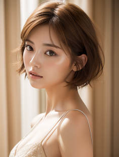 Woman with short brown hair wearing a spaghetti strap top indoors