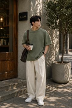 Man in an oversized green t-shirt and wide leg pants holding a coffee cup outdoors