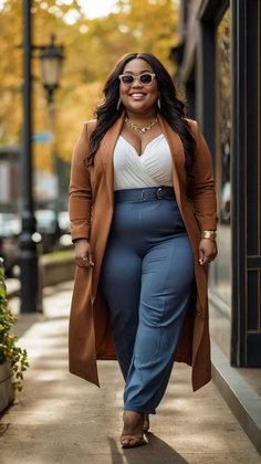Woman in a long brown coat and blue pants walking on a street