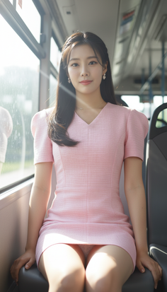 Woman in a pink dress sitting on a bus with sunlight streaming through the window