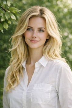 Blonde woman with long hair wearing a white shirt outdoors