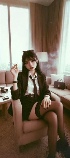 Woman in a suit jacket and stockings smoking indoors