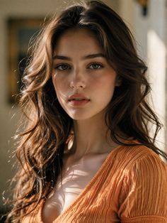 Woman with long brown hair and green eyes in an orange top