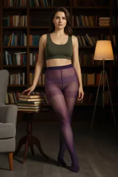 Woman in a sports bra and sheer purple tights in a room with a bookshelf