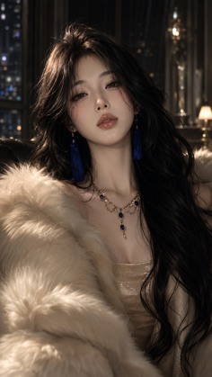 Woman with long dark hair wearing a fur coat and gold dress with jewelry