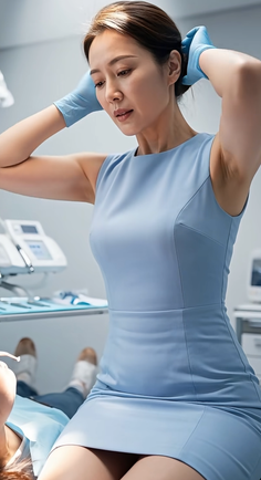 Woman in a blue dress and medical gloves in a dental office