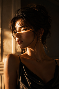 Woman with dark hair in an updo wearing a black dress and gold jewelry