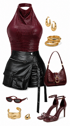 Fashion flat lay featuring a burgundy halter top, black mini skirt, and accessories