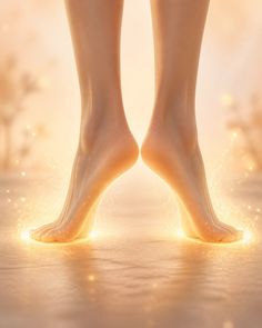 Bare feet with glowing light and sparkles around them