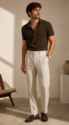 Man in a brown polo shirt and light trousers standing indoors with soft lighting