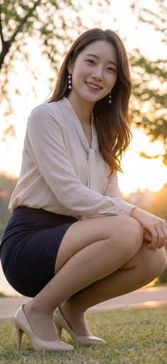 Woman in a blouse and mini skirt squatting outdoors at golden hour